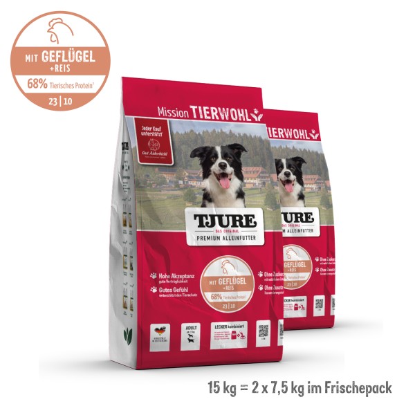 TJURE Premium-Trockenfutter Geflügel & Reis 15 kg | für ernährungssensible Hunde | Optimale Verträgl